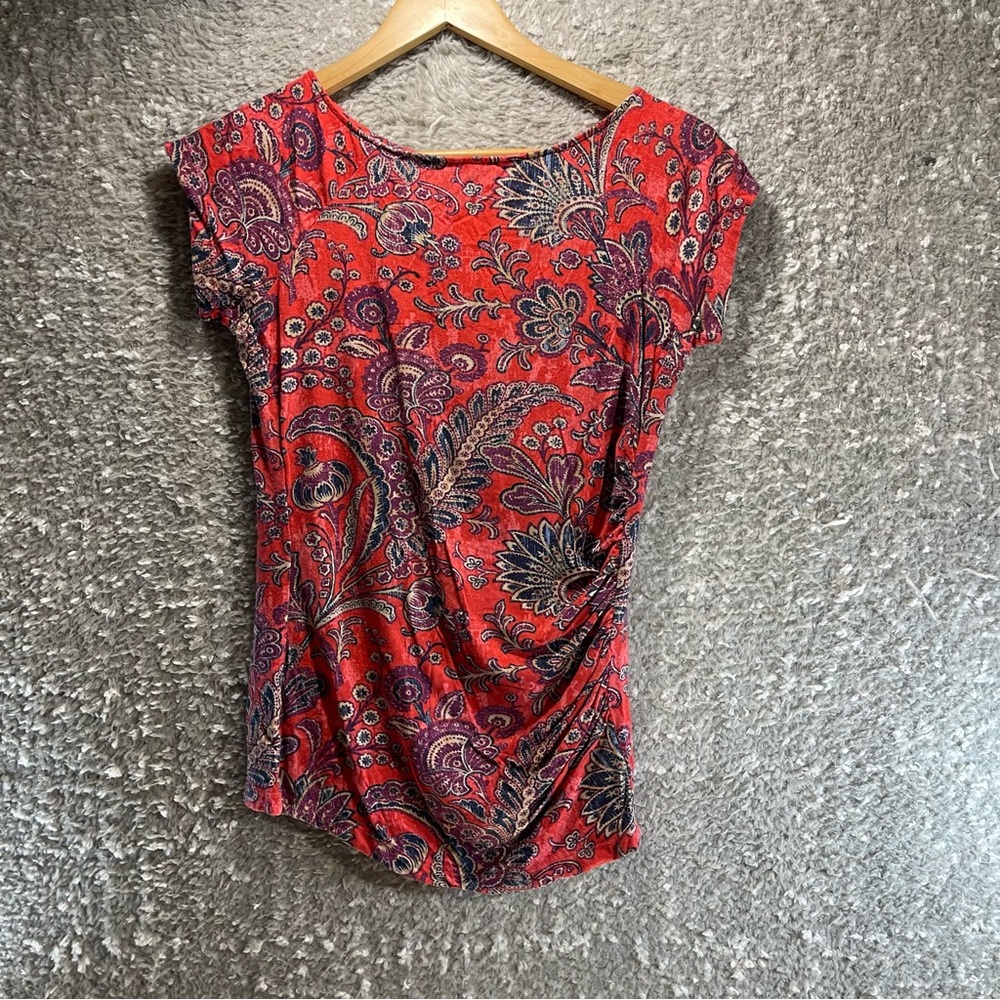 Lauren Ralph‎ Lauren Paisley Print Short Sleeve Ruched Tee Top S Rayon Colorful